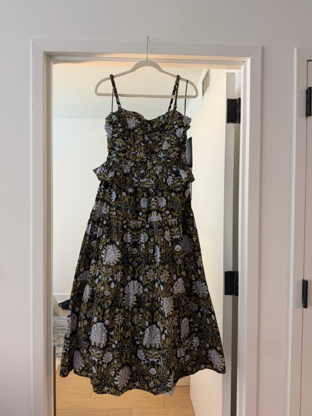 Floral Black and Olive Strap Midi Dress